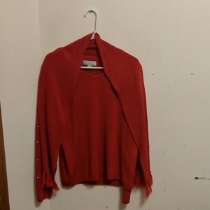 Red sweater with attachable scarf